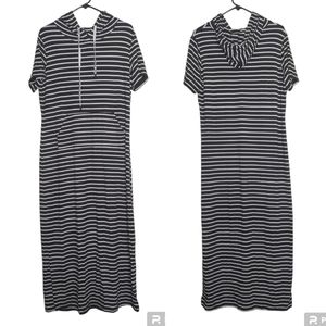 GloryStar Black White Striped Short Sleeve Maxi Dress with Hood Size XL